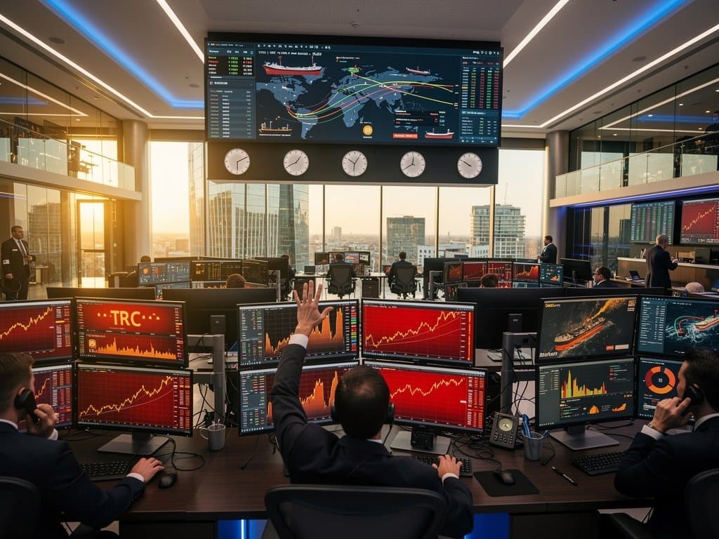 European traders monitor BTC charts, oil futures, and Hormuz map on multi-monitors amid team analysis in Frankfurt trading room