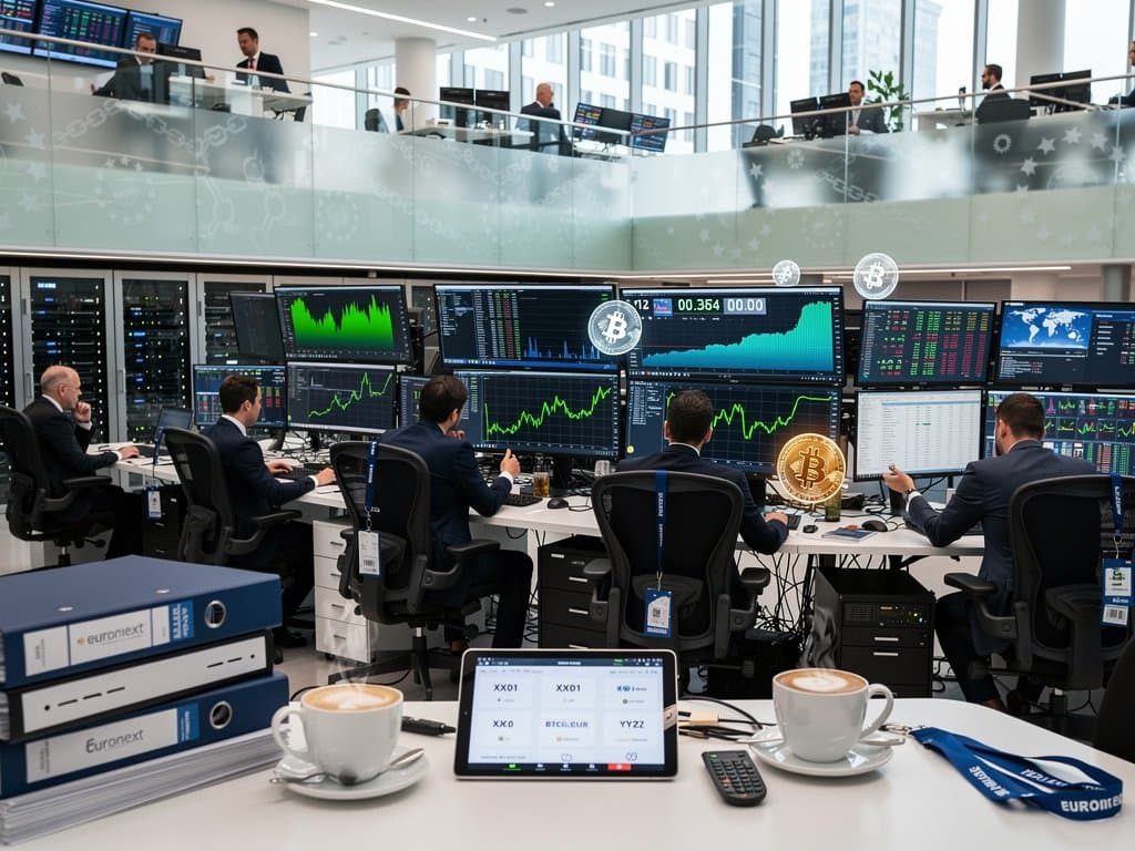 Traders monitor Bitcoin charts and MiCA dashboards on a European financial trading floor with city skyline view