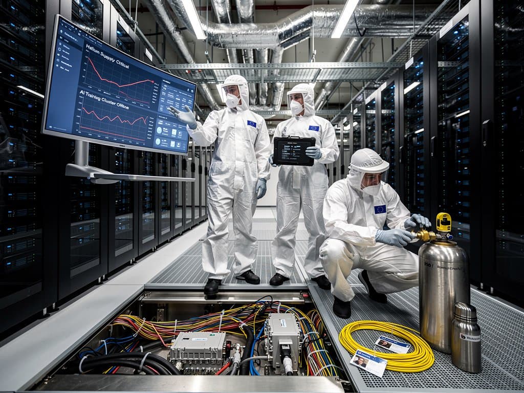 Engineers in cleanroom suits inspect AI server racks and cooling systems in modern European data centre under blue LED lights