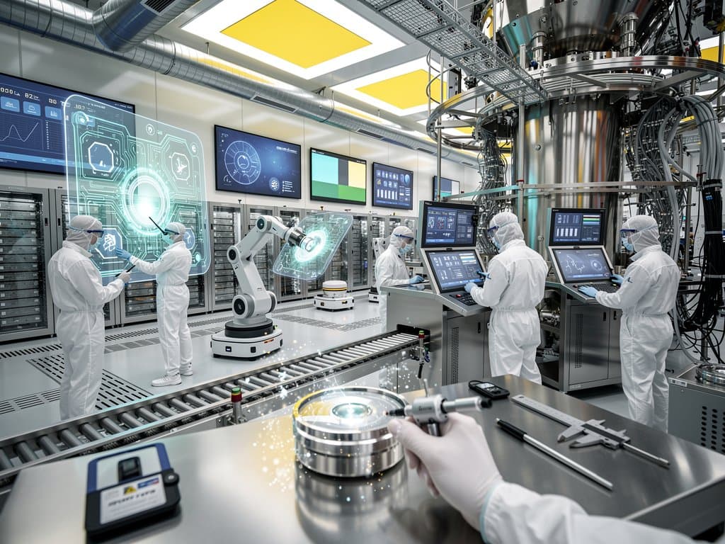 Engineers calibrate EUV machine in ASML cleanroom with robotic handlers and holographic displays
