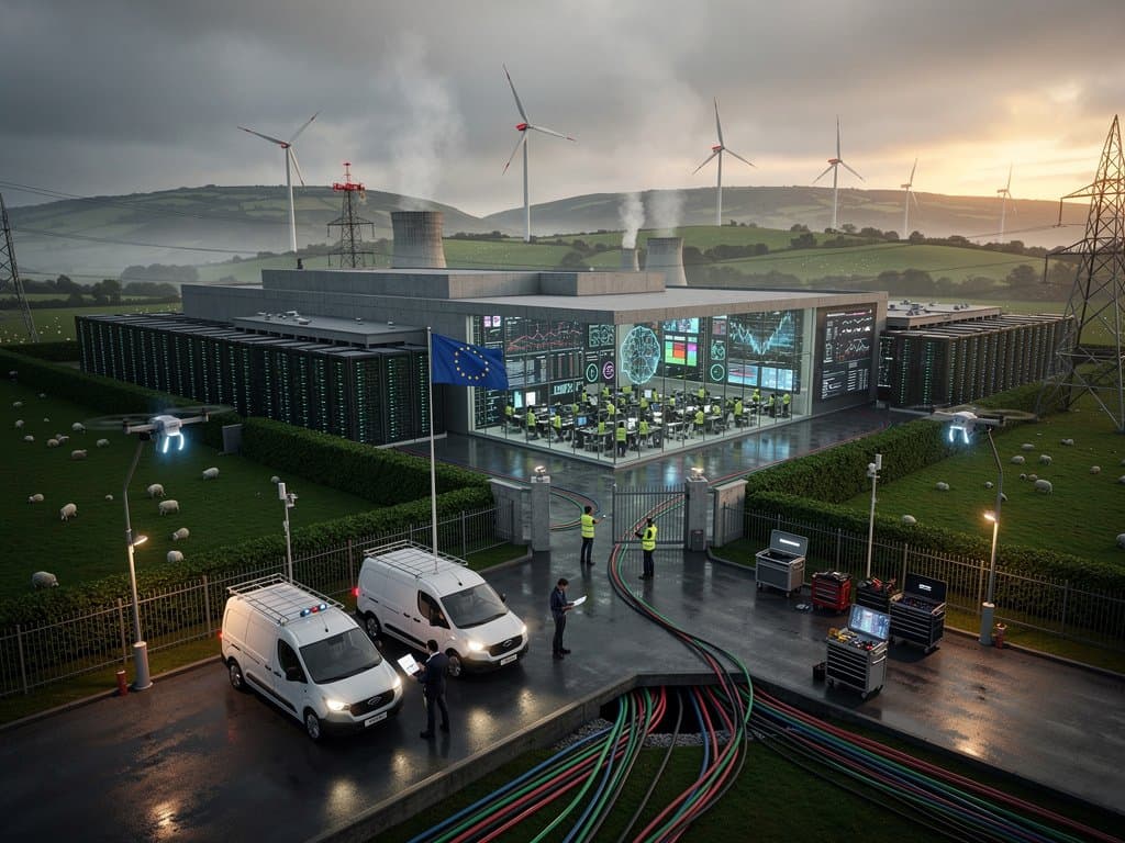 Irish data center with cooling towers, wind turbines, server racks, and energy graphs under EU skies
