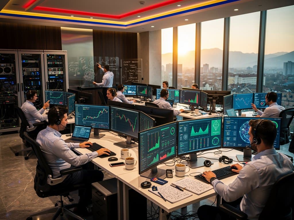 Bucharest fintech hub with AI engineers analyzing Bitcoin $75K charts and MiCA compliance tools amid EU-funded growth