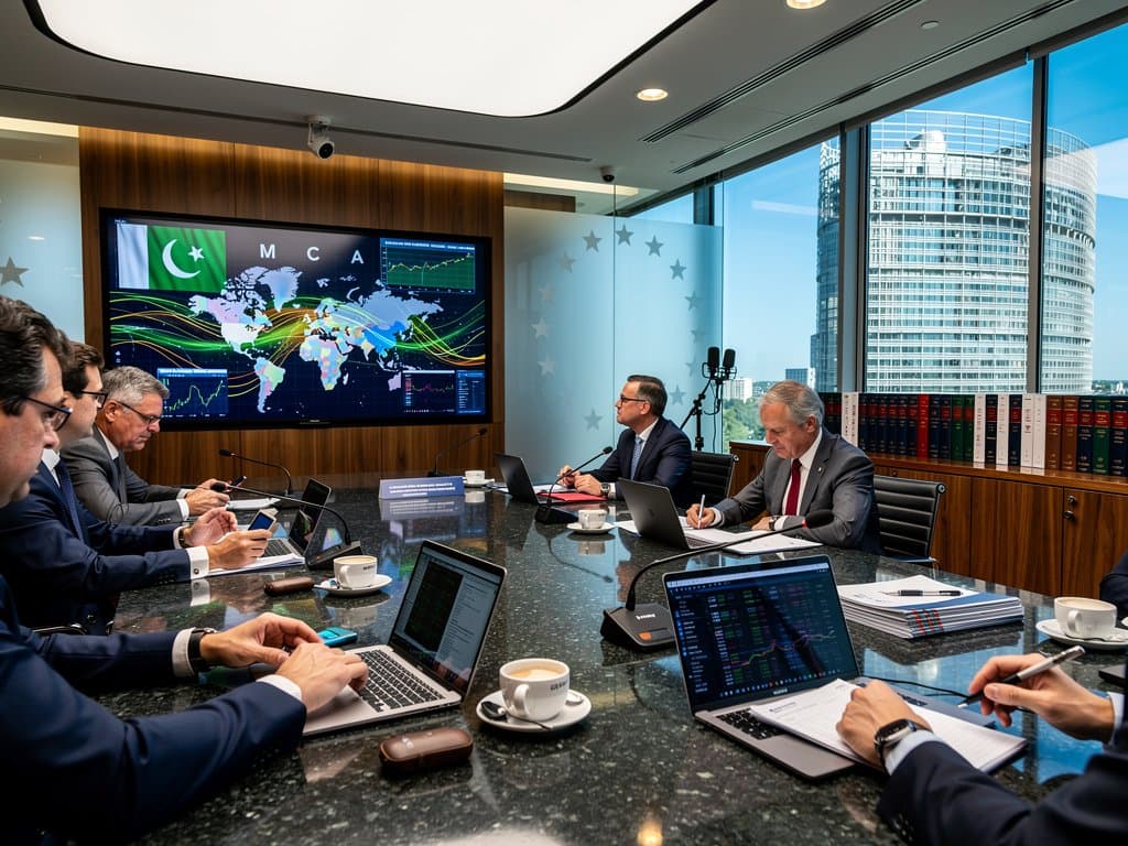 EU Commission room with MiCA charts, crypto flow maps from Pakistan, and financial terminals in Brussels