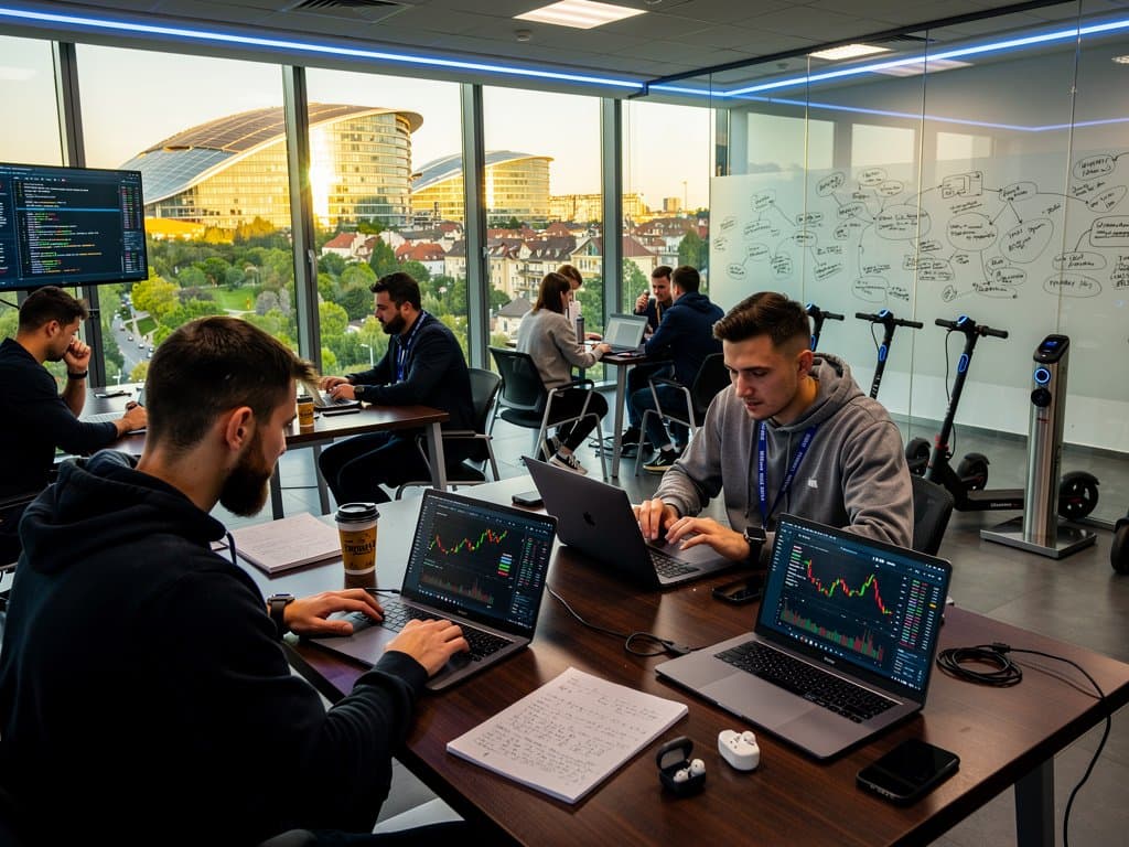 Bucharest tech hub with fintech dashboards, MiCA compliance charts, Fear & Greed Index 26, EU flags, modern skyline