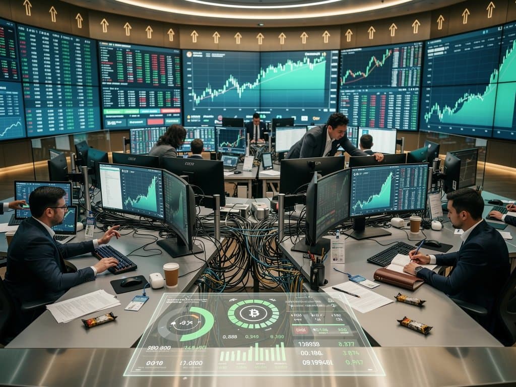Trading floor screens show Bitcoin exchanges surging with charts and volumes in European fintech hub
