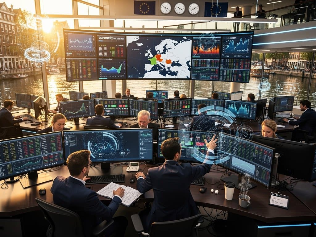 Amsterdam trading floor analysts review ASML, Arm charts and Fear & Greed Index on modern screens