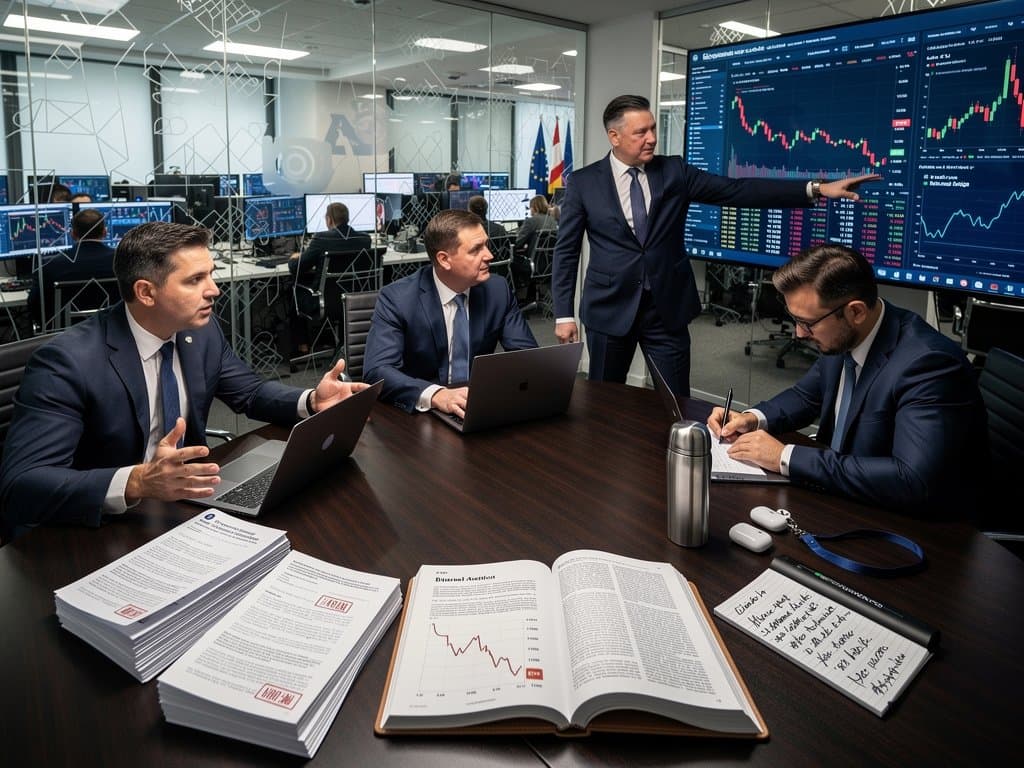 Brussels policy room with Russia cryptocurrency ban documents, MiCA rules, Bitcoin prices, and EU institutional logos amid market charts