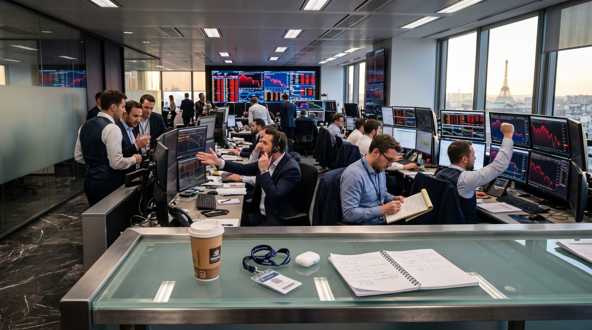 Euronext Paris floor with terminals displaying BTC $75,521 USD, MiCA charts, and MarketBeat crypto stock picks amid dip