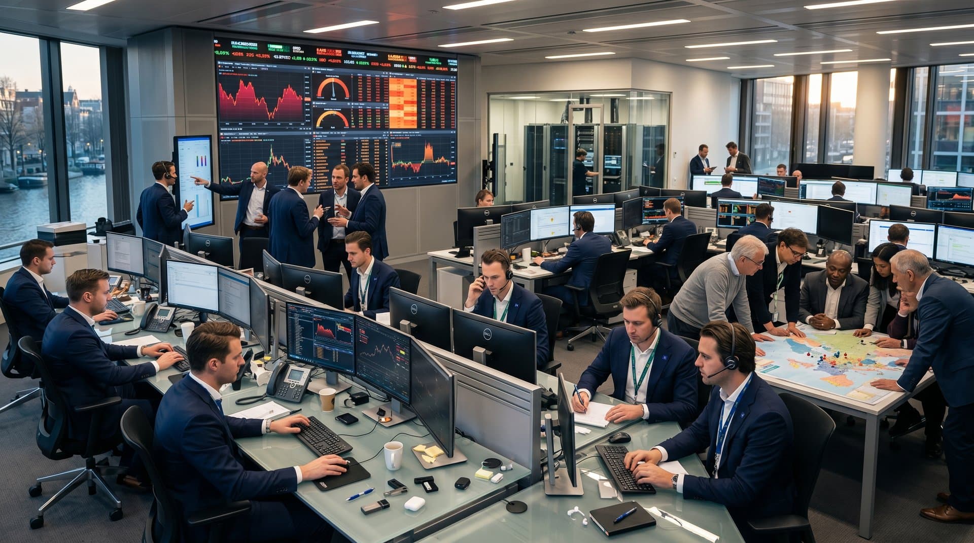 Euronext Amsterdam traders monitor crypto stocks, BTC at $75K, MiCA charts, and Fear & Greed Index on multi-monitors