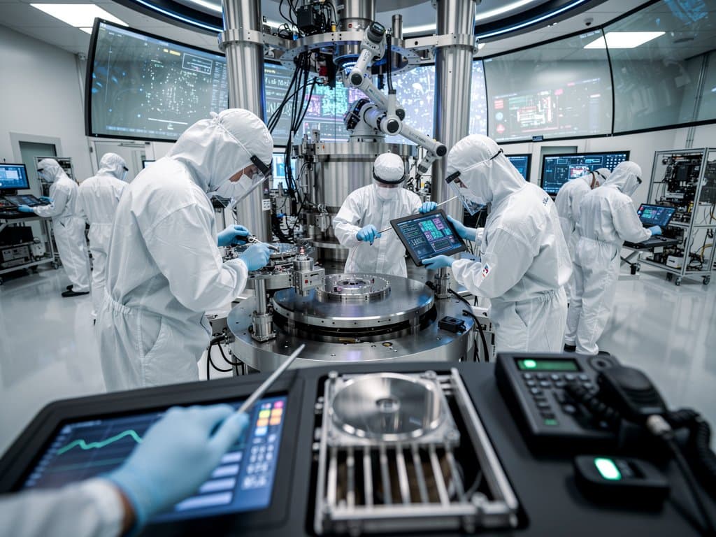 ASML Veldhoven cleanroom: EUV machine calibration by engineers with monitors and tools under blue lights