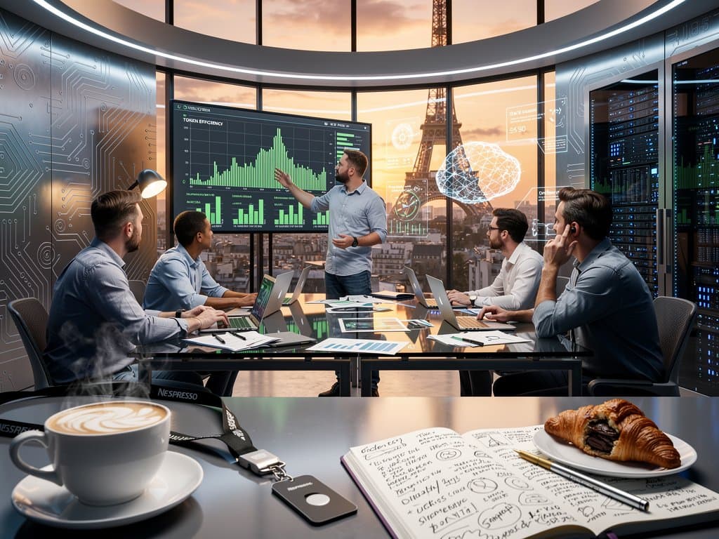 Engineers analyze Opus 4.7 benchmark graphs on monitors in modern European AI lab