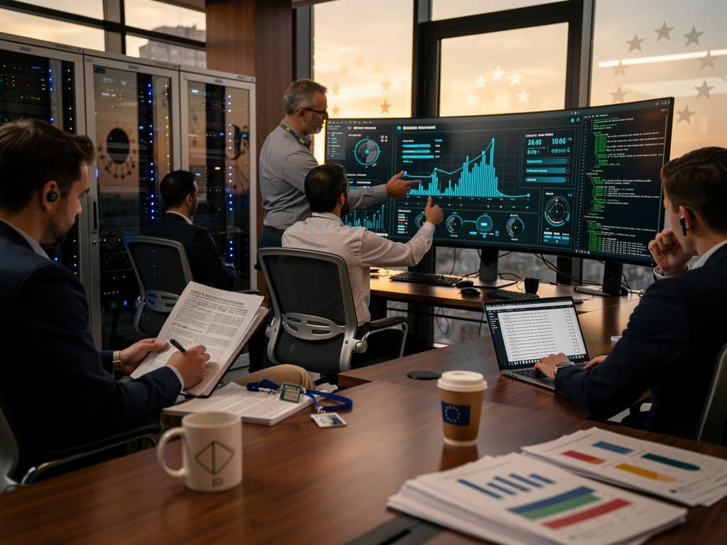 European AI engineers analyze Opus 4.7 token benchmarks on monitors in Brussels tech office with EU policy documents