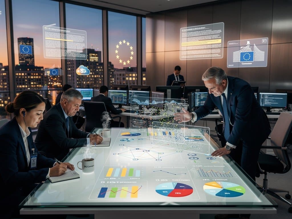 EU policy room displaying Opus 4.7 benchmarks with token efficiency graphs and AI Act references