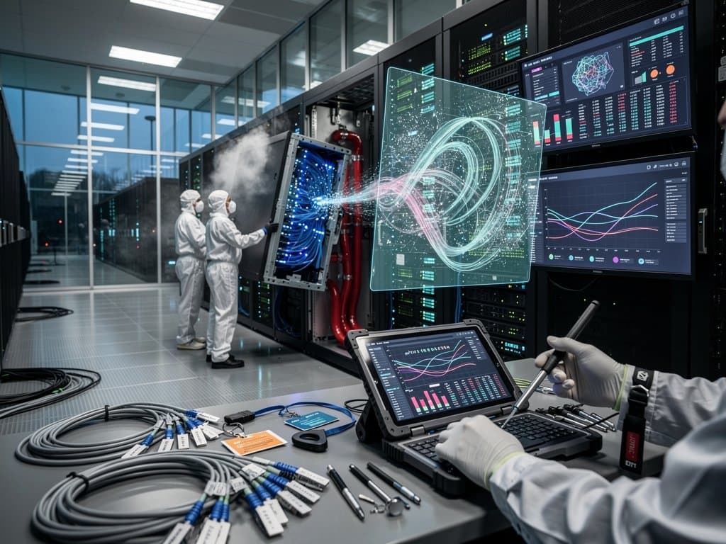 Engineers maintain servers in Frankfurt data center, revealing cables, cooling systems, and AI metrics on monitors