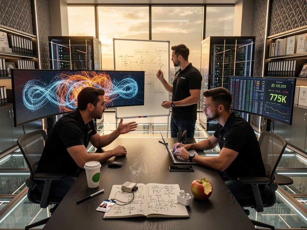 High-tech AI lab with neural network displays, agent diagrams on whiteboard, server racks, and Bloomberg crypto data terminal