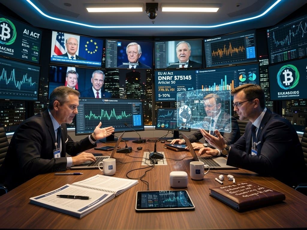European Commission AI Office briefing room displaying deepfake detection for US 2026 midterms and market data