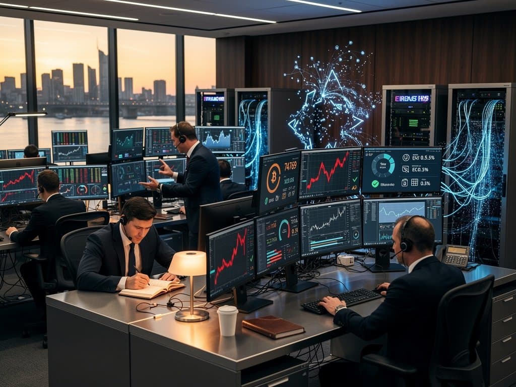 European trading screens show Bitcoin below $80K at $74,769, MiCA dashboards, Fear & Greed at 27 amid Eurozone charts