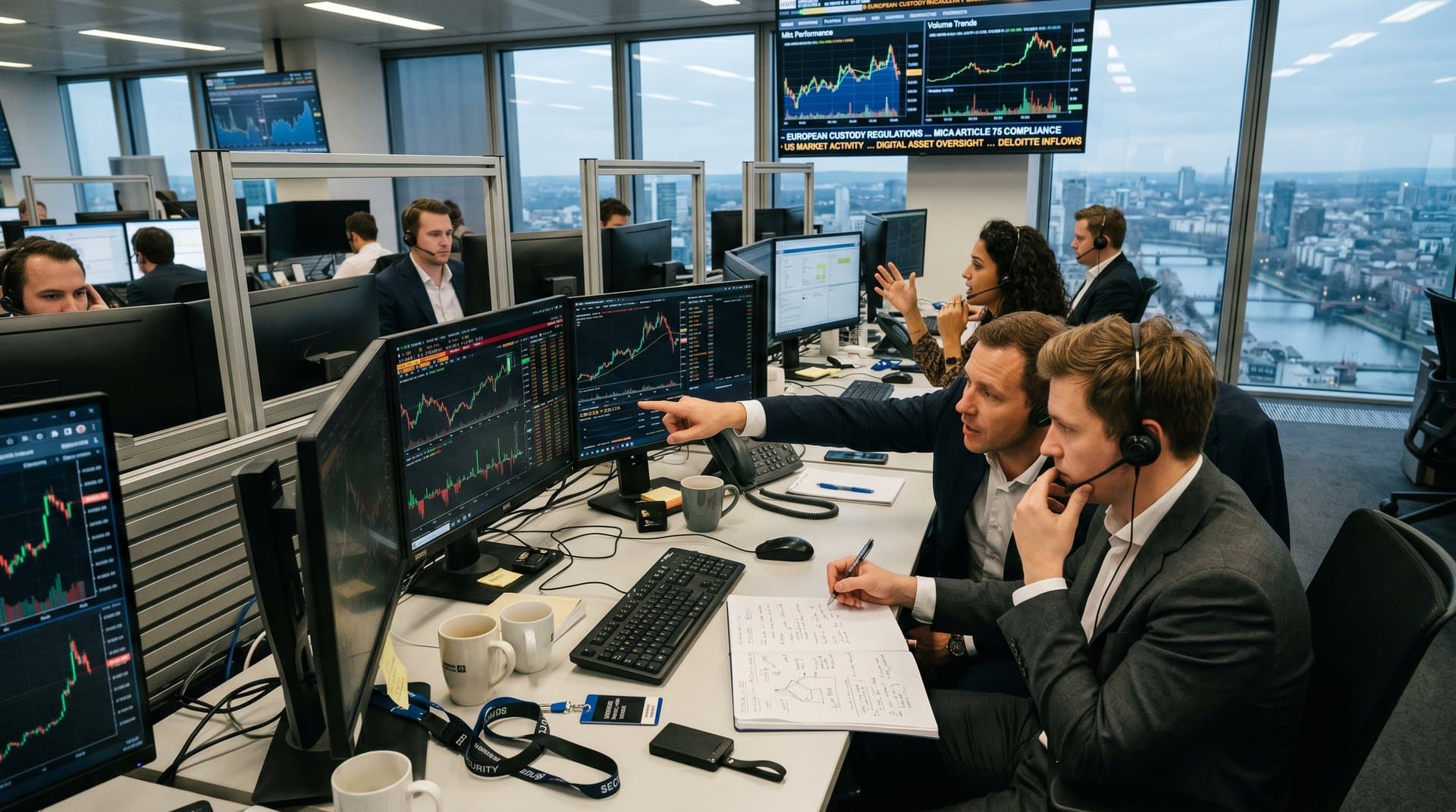 EU bank traders monitor CLARITY Act news, BTC at $74k, Fear & Greed 27 on screens amid MiCA crypto advances