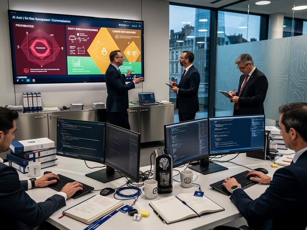EU Commission AI policy team analyzes risk diagrams on large screen in sleek Brussels briefing room with monitors and documents