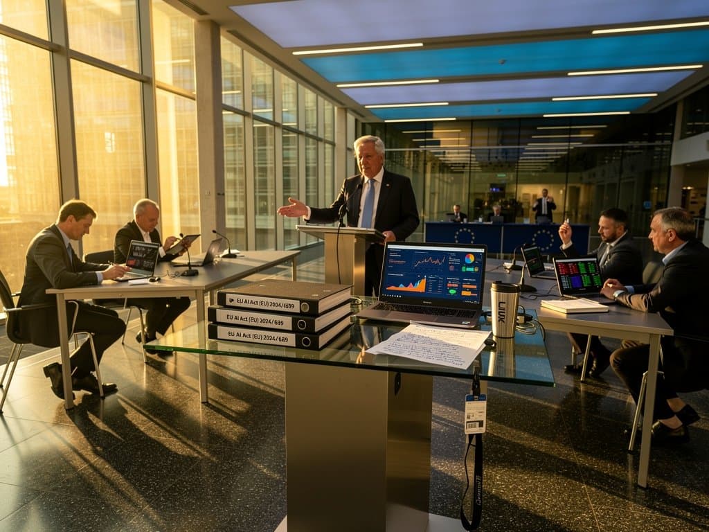EU Commission Berlaymont atrium with AI risk charts, policy documents, Crypto Fear & Greed Index