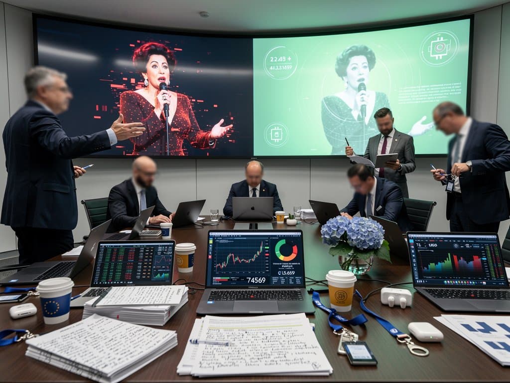 EU officials review deepfake analysis on screen in modern Brussels room with market data displays