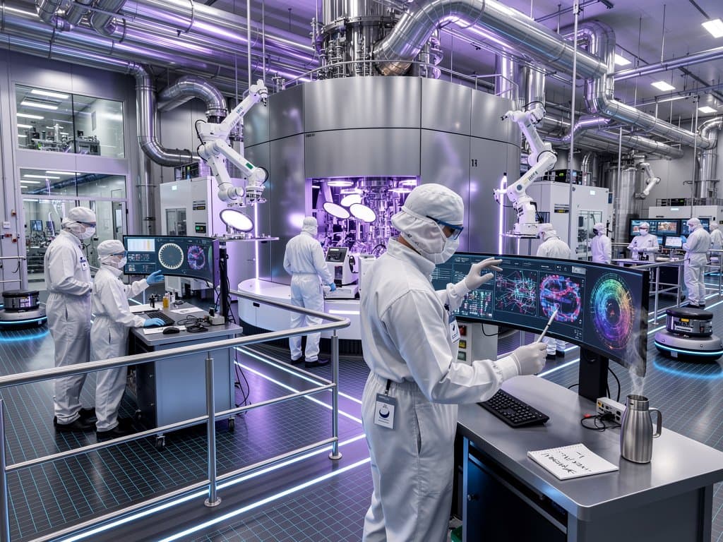ASML cleanroom engineers operate massive EUV lithography machine for AI semiconductors