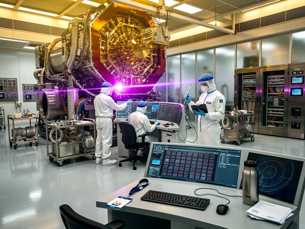 Engineers in hazmat suits operate EUV lithography machine in ASML Veldhoven cleanroom amid glowing optics and precision monitors