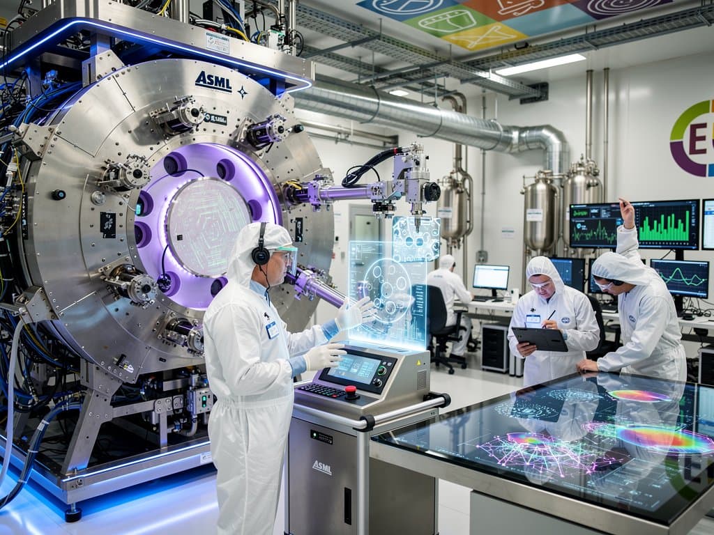 ASML cleanroom with EUV machine, engineers at holographic displays, financial charts, and AI visualizations