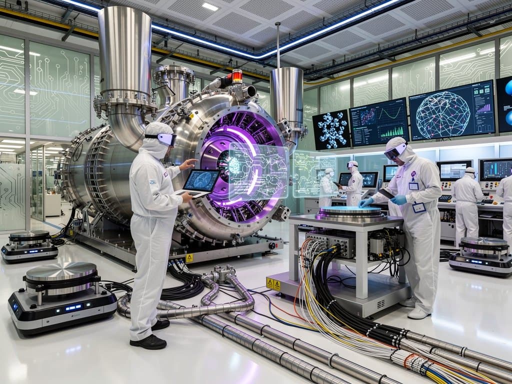 Engineers in ASML-style cleanroom operate EUV machine amid high-tech displays and infrastructure