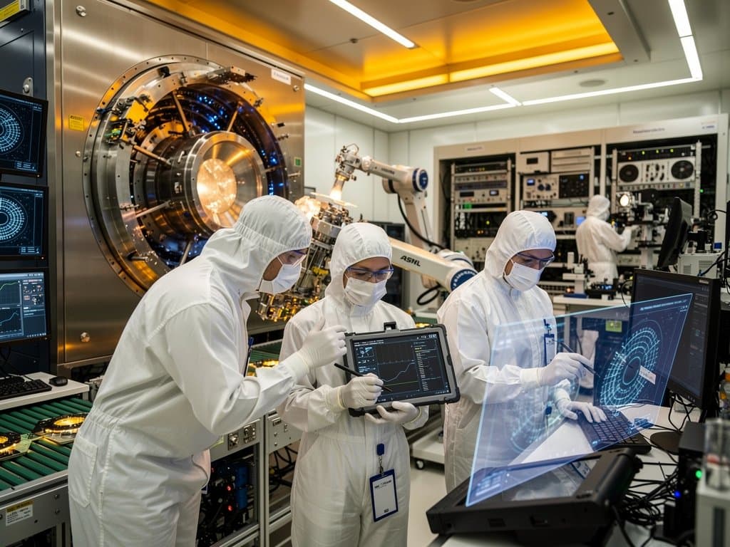 ASML cleanroom with EUV lithography machines, engineers in suits handling wafers for AI chip production