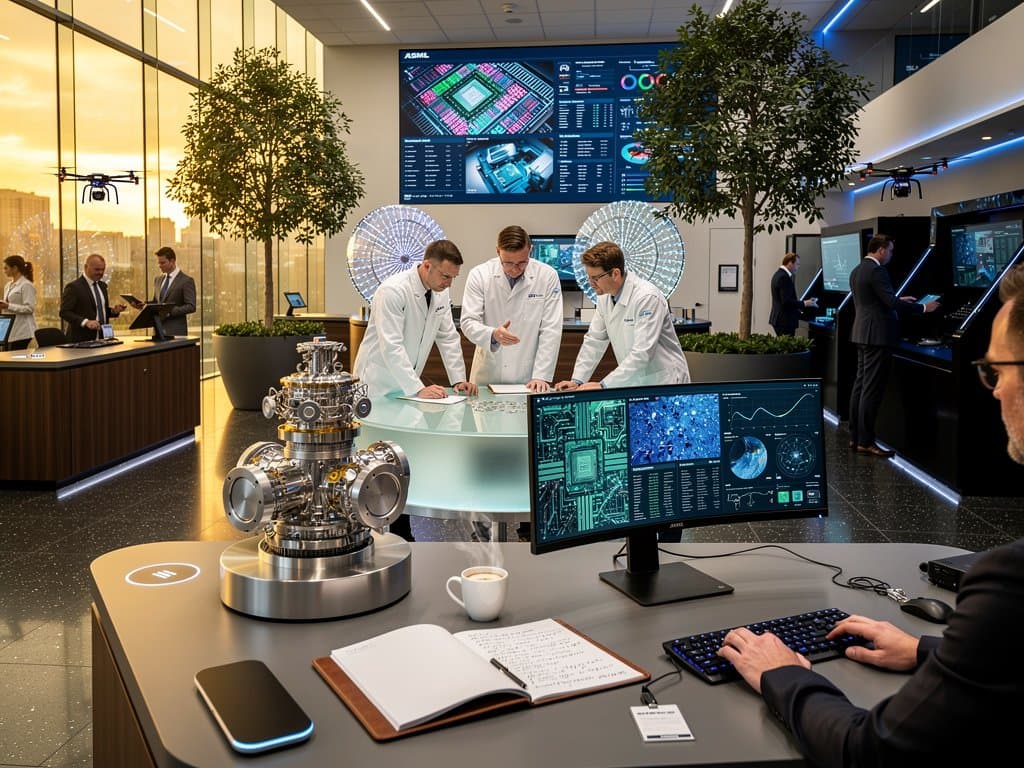 Engineers review AI chip designs on monitors around a scale EUV model in ASML's modern Veldhoven lobby with video wall background