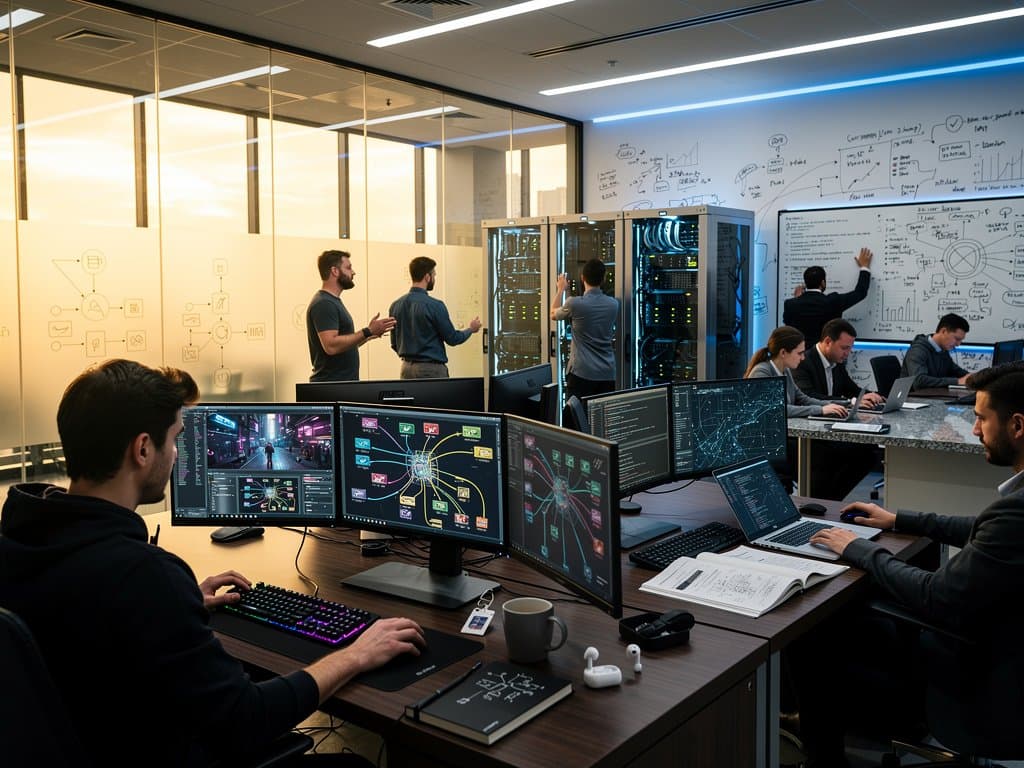 Modern AI lab with ultrawide monitors showing AI NPC neural networks, server racks, and collaborative whiteboards in high-tech workspace