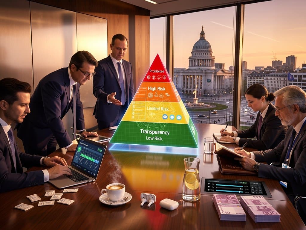 EU tech office with AI compliance dashboards and regulatory visuals overlooking Brussels skyline