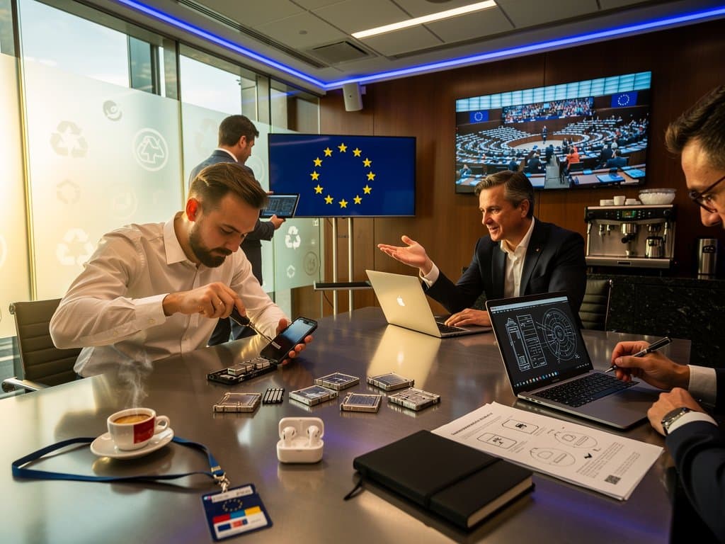 EU Commission conference table with smartphone battery prototypes, regulation documents, and green policy visuals in Berlaymont building