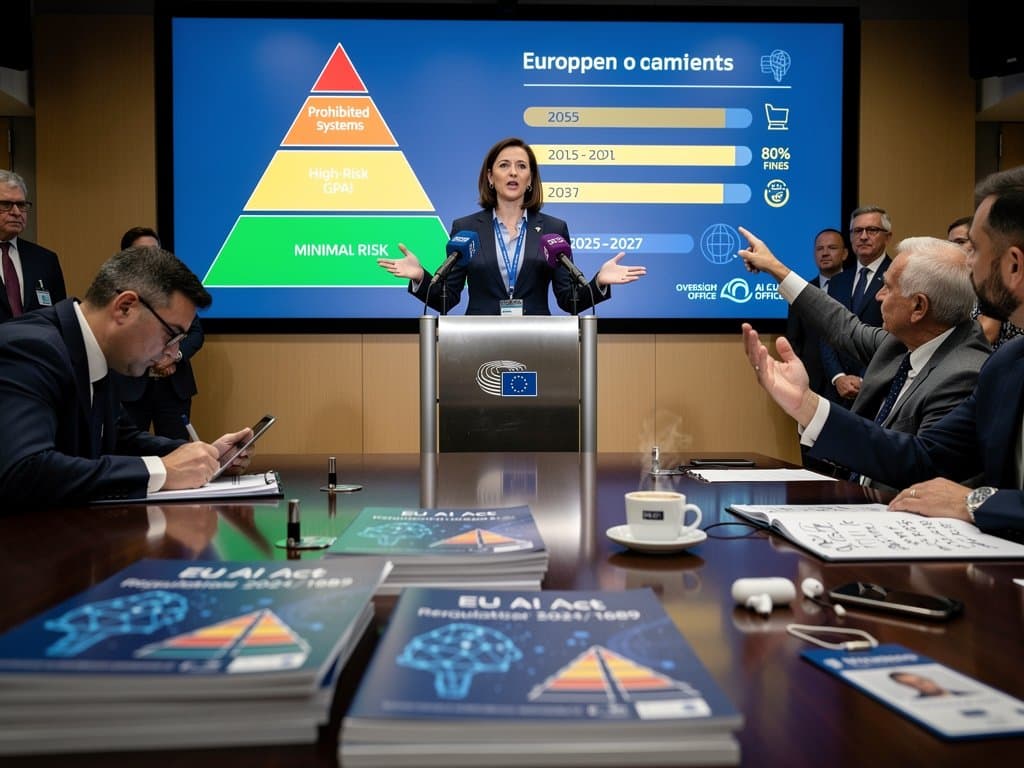 EU Commission briefing room with AI Act risk chart on screen amid podium, reports, and journalists