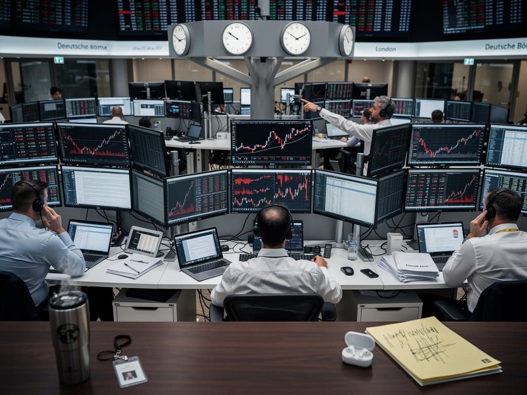Trading floor monitors show AI stocks correction with red charts, Fear & Greed 29, and EU market data