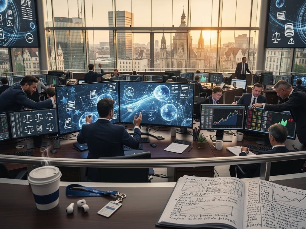 Futuristic AI agents in cloud networks with EU regulatory icons and AI stocks charts in cyberpunk style