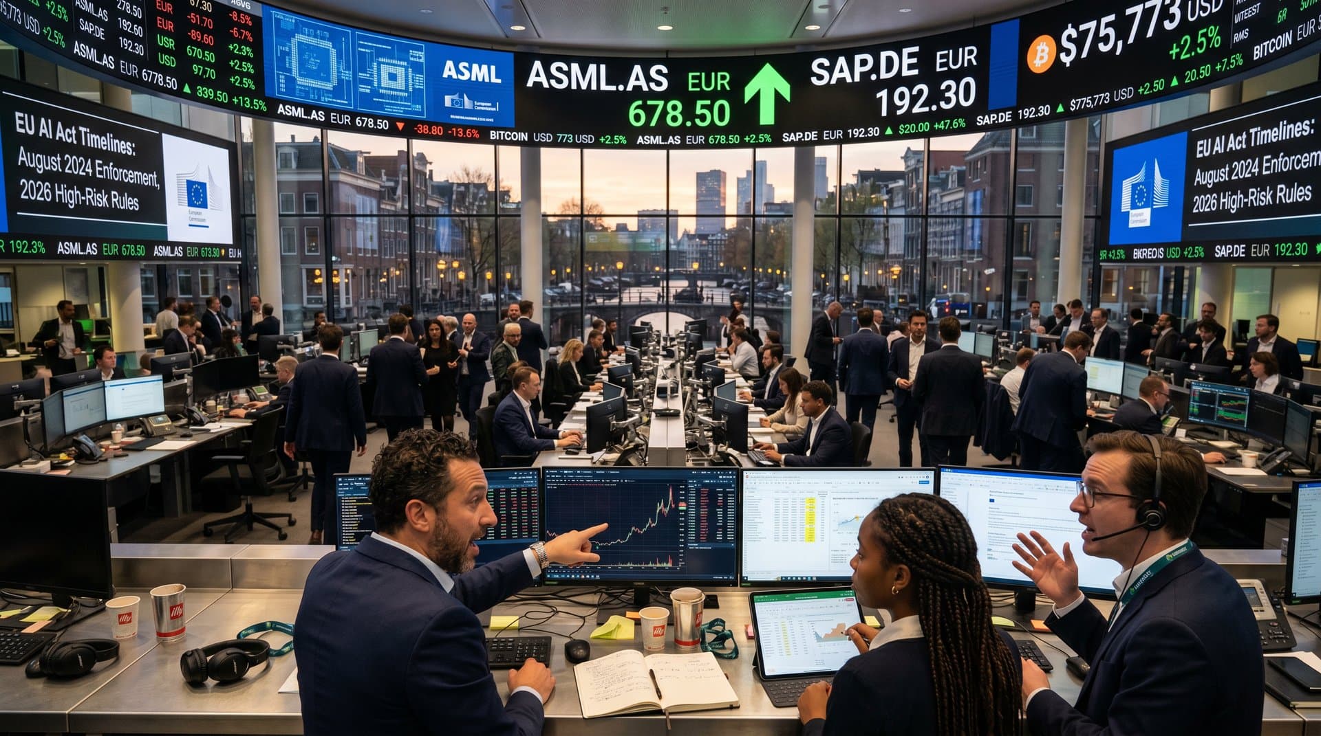 Traders on Euronext Amsterdam floor analyzing ASML, SAP, and BTC charts amid EU AI Act visuals on multiple screens