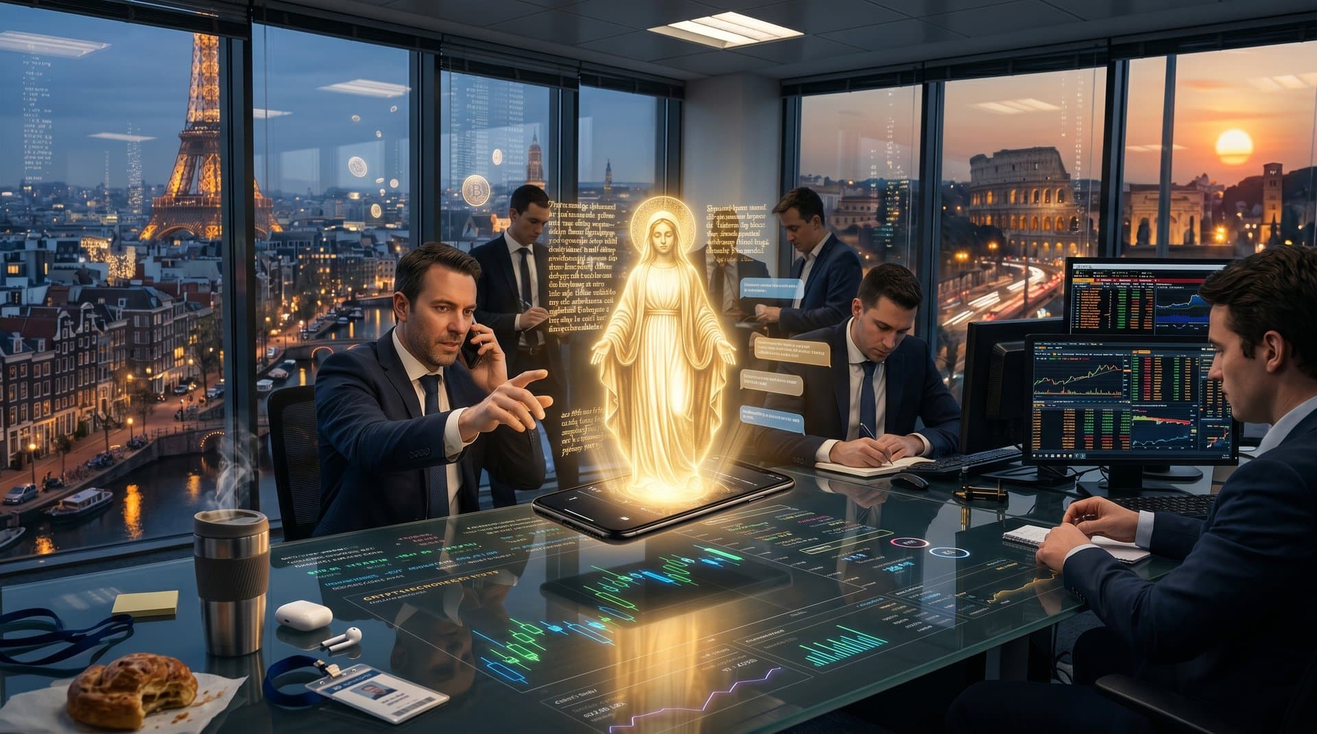 Smartphone screen with Jesus Christ AI chatbot interface, biblical quotes, European landmarks, and crypto charts in background