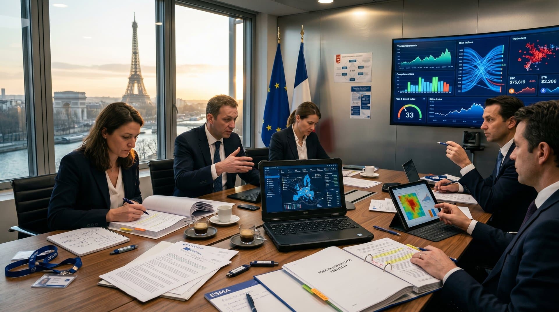 ESMA conference room screens show MiCA crypto compliance charts, laundering risks, Paris skyline view