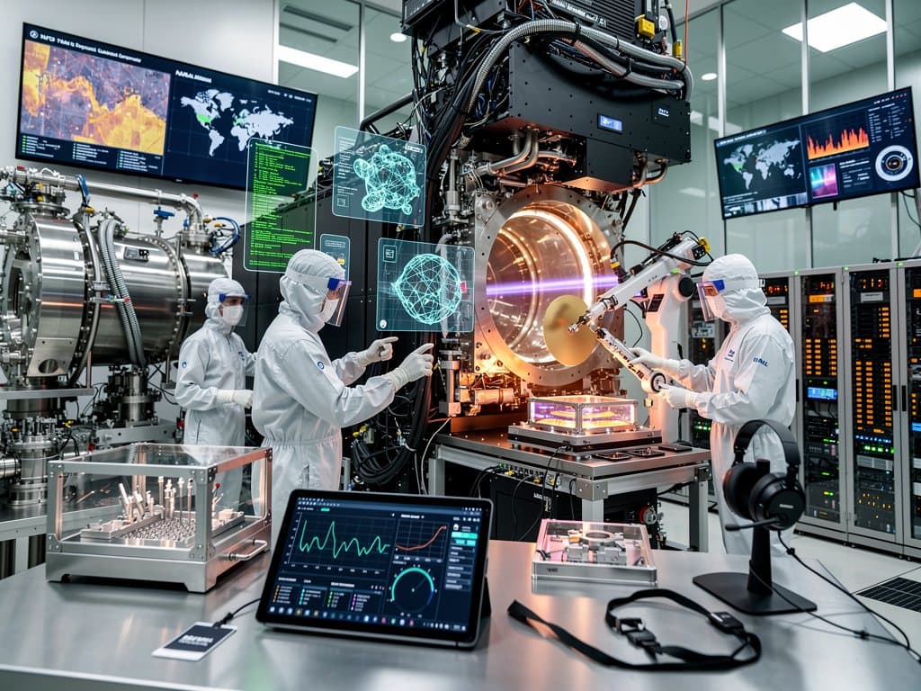 ASML cleanroom engineers operate EUV scanner amid glowing monitors and high-tech chip fabrication equipment