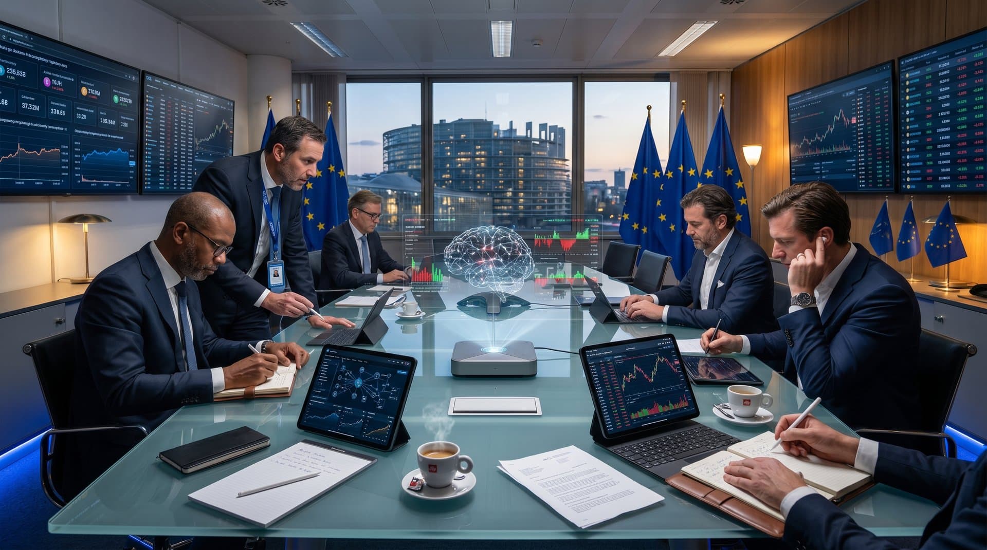 Brussels boardroom with AI earnings charts, EU flags, and crypto tickers