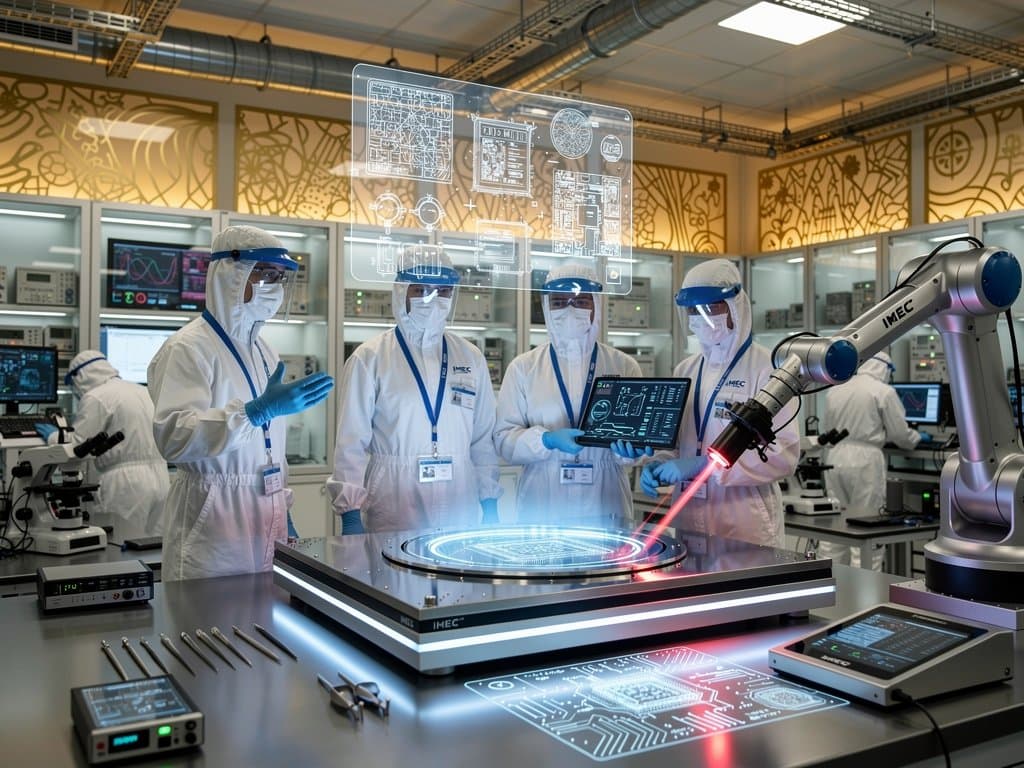 Engineers in cleanroom suits inspect glowing 2nm semiconductor wafers at IMEC lab with robotic arms and holographic chip designs
