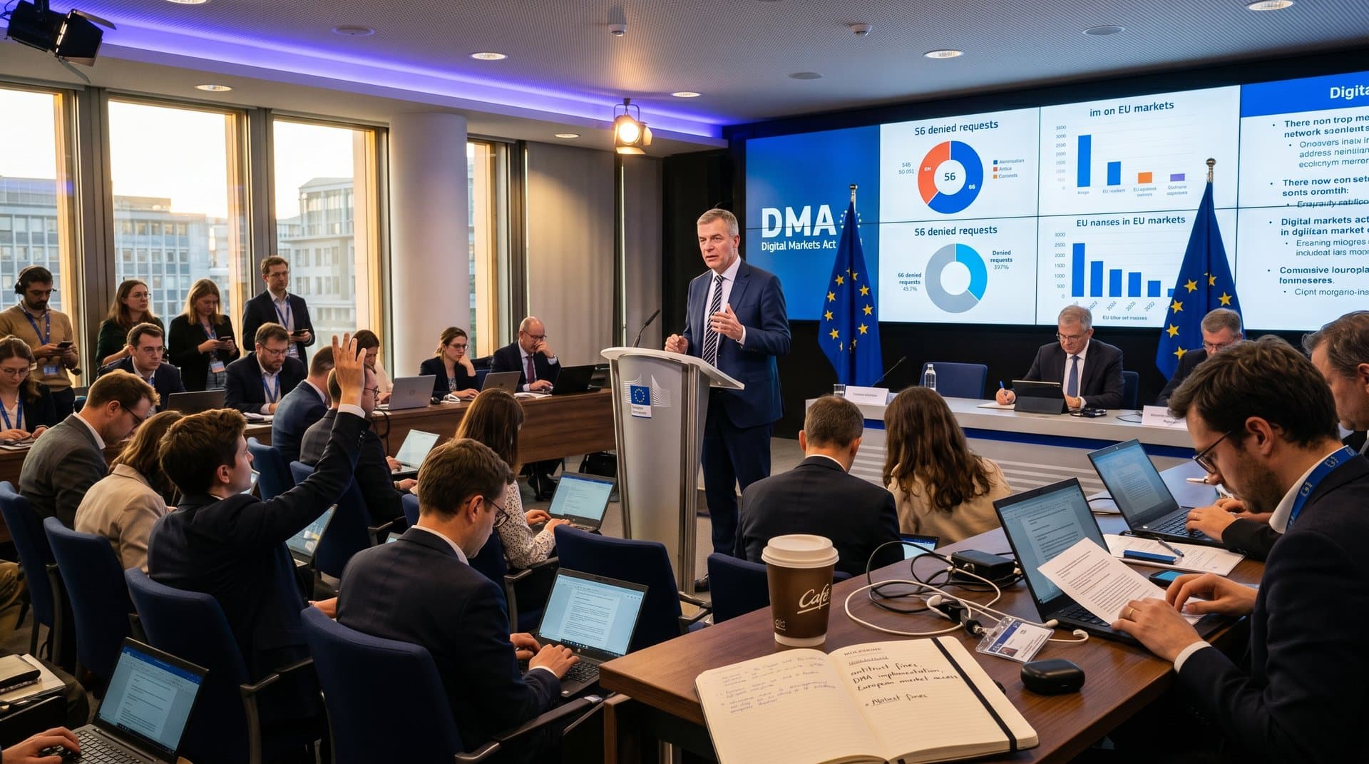 EU Commission press room briefing on DMA with charts, journalists, and officials