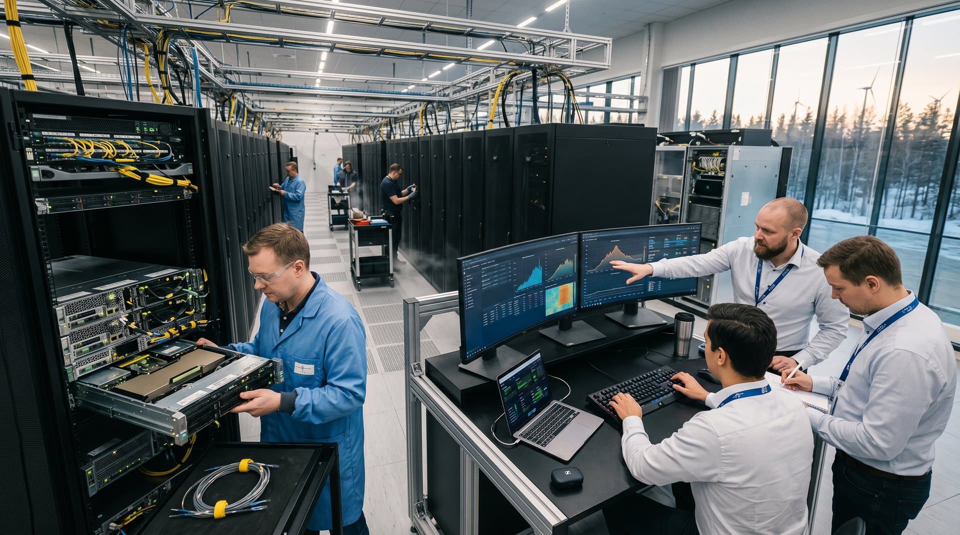 Engineers analyzing supercomputer metrics at consoles amid glowing GPU server racks in a premium European Tier IV data center