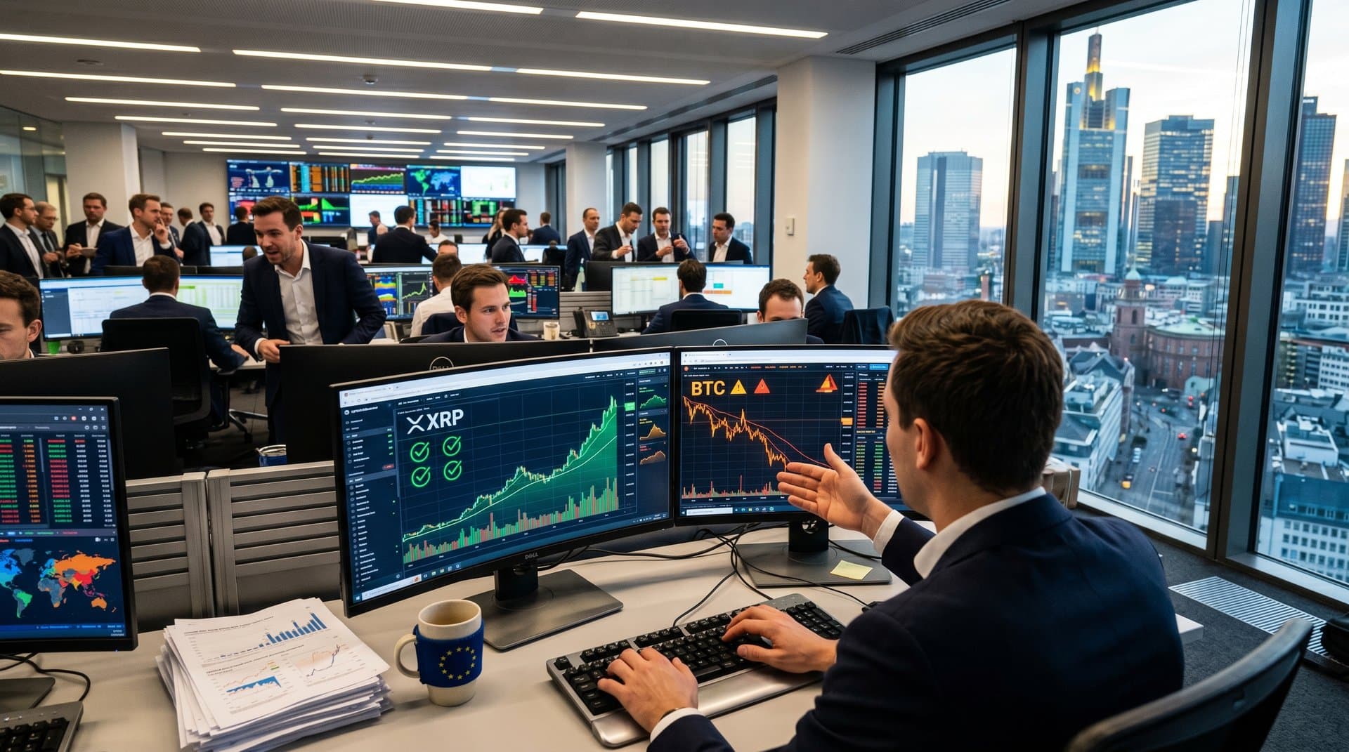 Trading floor analysts review XRP vs Bitcoin charts with MiCA dashboards in Frankfurt finance hub